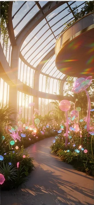 Aesthetic Wallpaper: Traumhaftes Kristall-Gewächshaus & Biolumineszenz – 8K iPhone Hintergrundbild