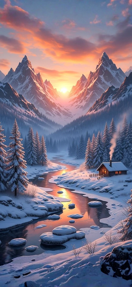 Magisches Alpenglühen & Winterhütte: Sonnenuntergang am gefrorenen Fluss – 4K Wallpaper - Hintergrundbild