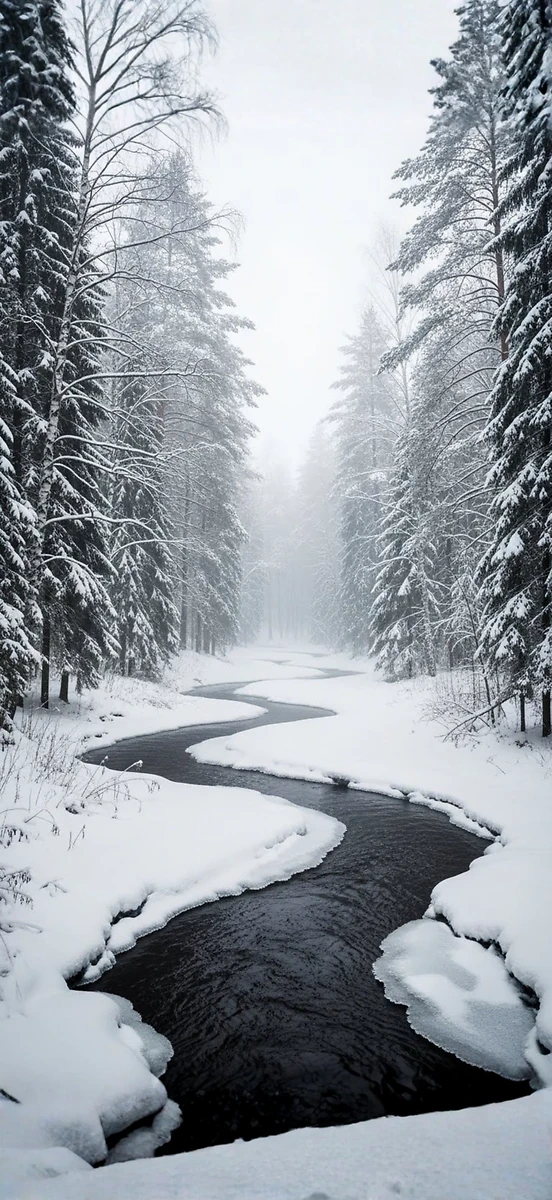 Mystischer Winterwald & Eis-Bach: Realistisches Nebel-Wallpaper in 4K - Hintergrundbild